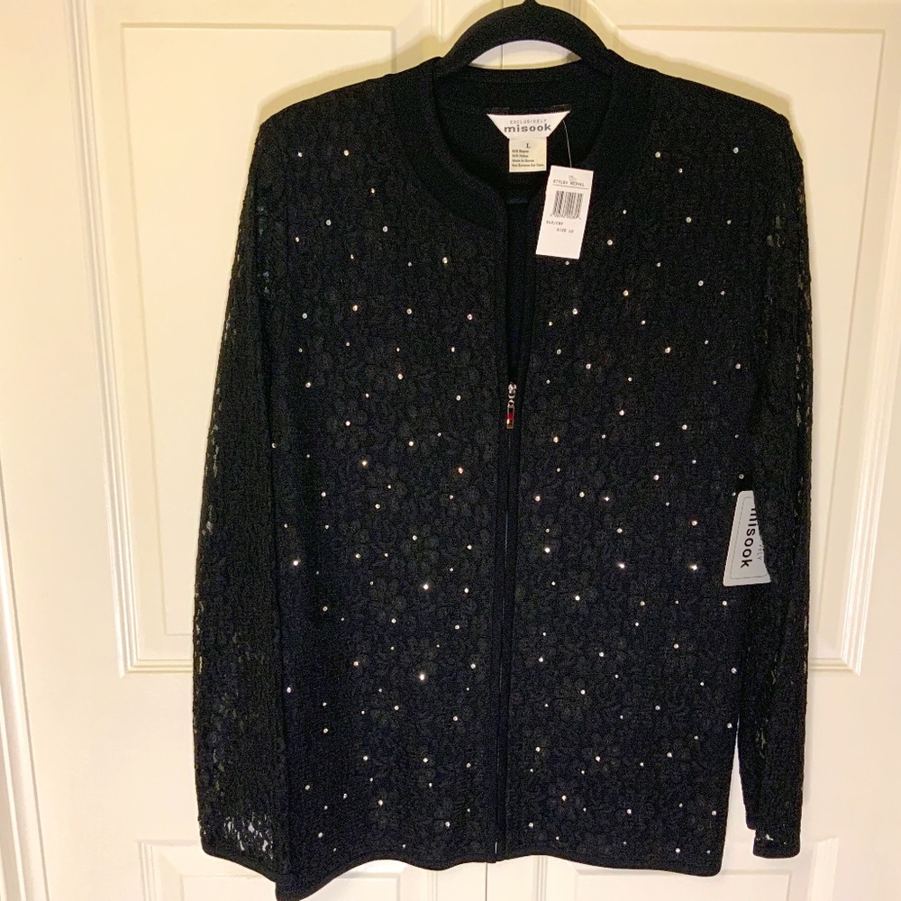 NWT Misook Rhinestone Embellished Black Lace Zip Front Jacket (L)
